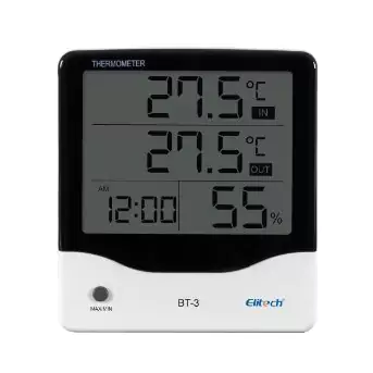 Termohigrômetro BT-3 preto e branco com o display ligado com informações de temperatura com o logo da Elitech no canto inferior direito do lado esquerdo e ao lado a parte traseira.