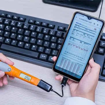 Uma mão segurando o celular em cima de um teclado que está conectado com um datalogger mostrando dados em sua tela