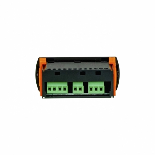 Parte traseira do controlador digital de temperatura EK-3030 preto da Elitech laranja e verde Parte traseira do controlador digital de temperatura EK-3030 preto da Elitech laranja e verde