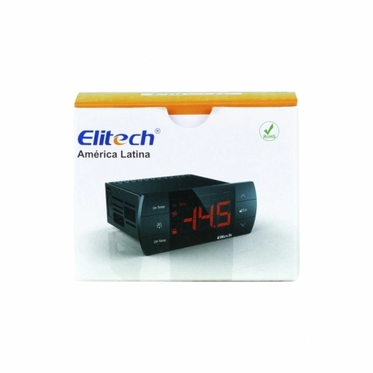 Embalagem do controlador digital de temperatura EK-3030 da Elitech branca e laranja Embalagem do controlador digital de temperatura EK-3030 da Elitech branca e laranja