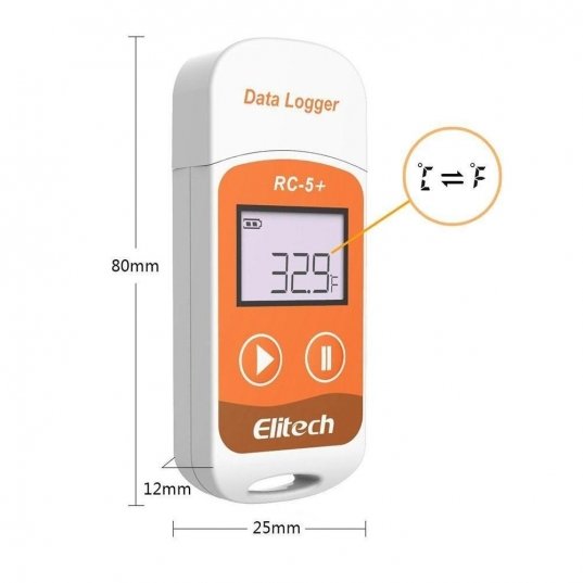 Display de temperatura RC-5+ datalogger de temperatura -30 A 70°C 32000 leituras conexão USB diagonal